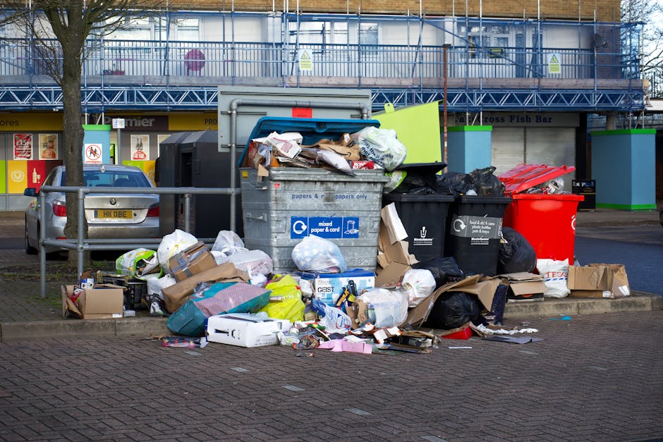 A street scene shows a waste collection vehicle operated by a worker in blue and orange protective clothing and a blue cap, loading a large blue wheeled bin from the pavement into the back of the truc